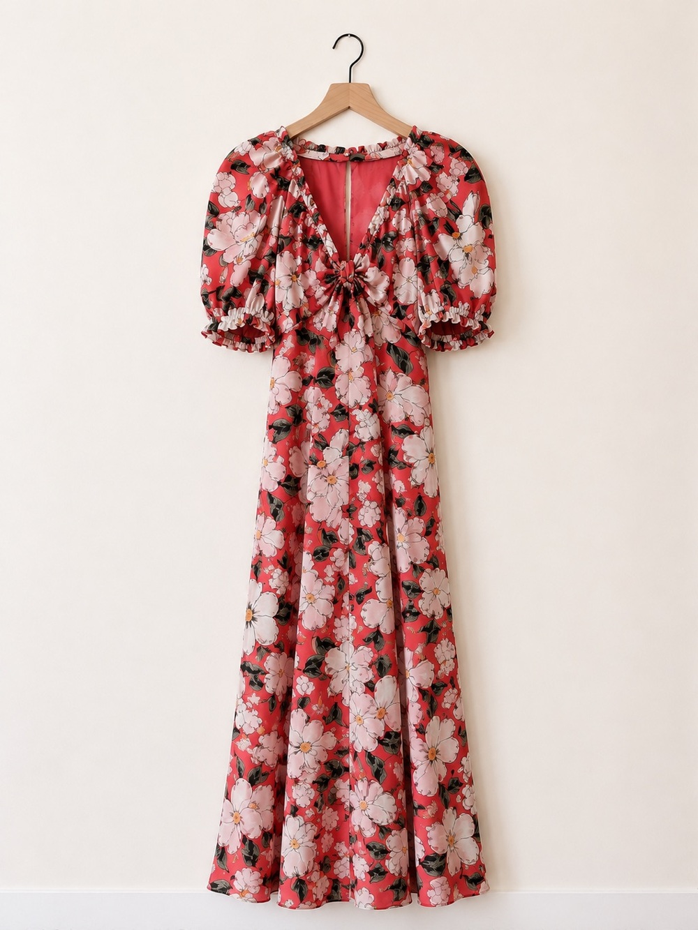 NWT‎ BHLDN Anthropologie Puff Sleeve Bow Front Floral Maxi Dress Coral Size 12